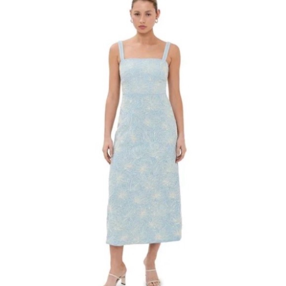 Veronica Beard Ella Pale Blue Floral Embroidered Square-Neck Midi Dress